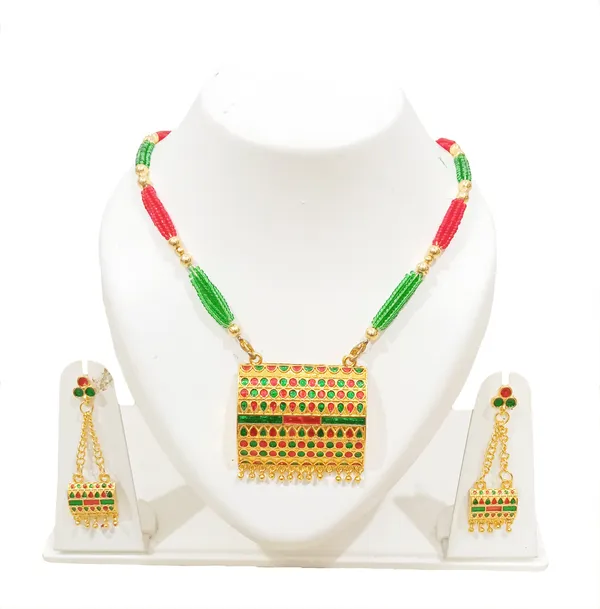 Assamese_Traditional_Red_Green_Colour_Tassel_Jewellery_Set_For_Women